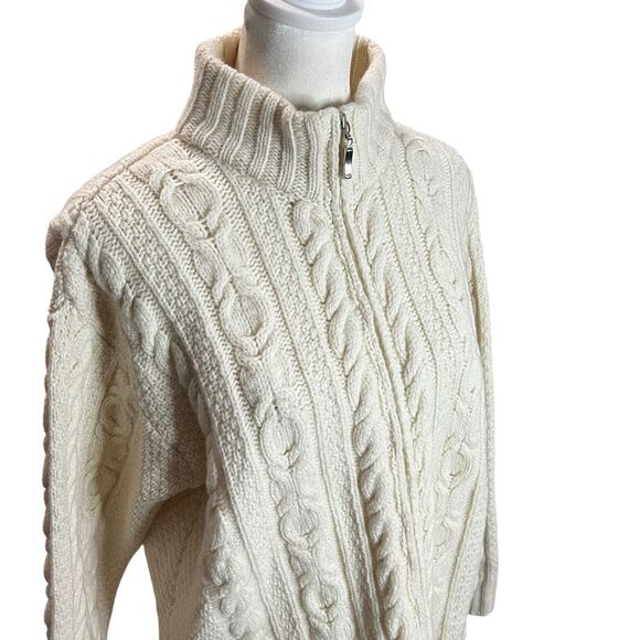 Inis Crafts Ireland Merino Wool Fisherman Cable Knit Zip Sweater Cream Small - Picture 3 of 7